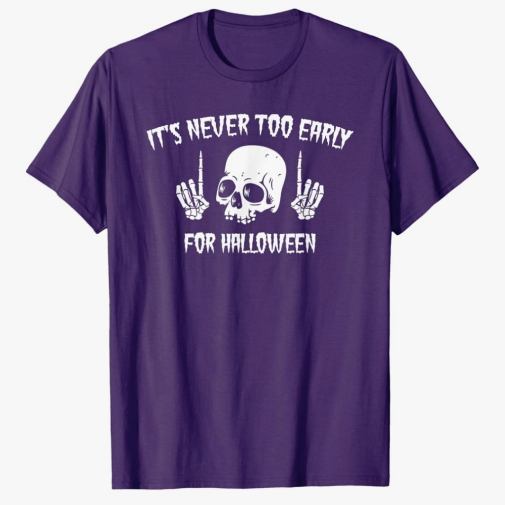 Purple "It's Never Too Early For Halloween" Goth Skull Halloween Graphic T-Shirt